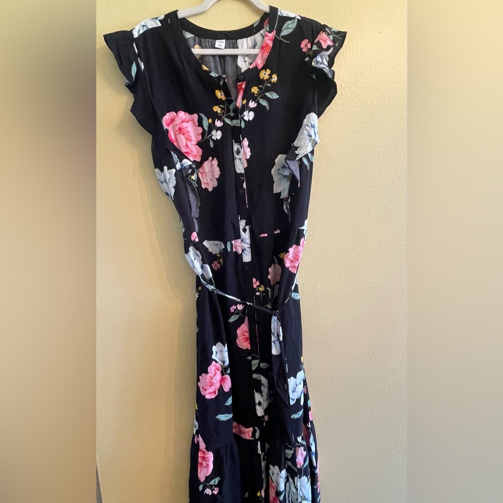 Old Navy Black Midi Dress with Pink and Blue Floral